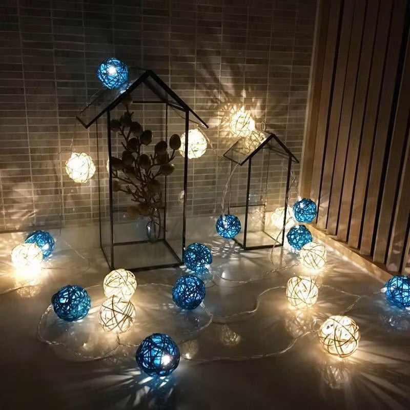 Set of Blue n White 5cm Rattan Cane 20 Ball Battery Powered 3m String Lights Christmas Gift Home Wedding Party Bedroom Decoration Table Centrepiece