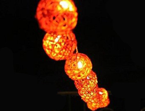 Set of Orange 5cm Rattan Cane 20 Ball Battery Powered 3m String Lights Christmas Gift Home Wedding Party Bedroom Decoration Table Centrepiece