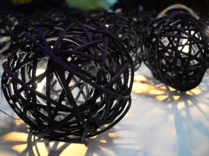 Set of Black 5cm Rattan Cane 20 Ball Battery Powered 3m String Lights Christmas Gift Home Wedding Party Bedroom Decoration Table Centrepiece