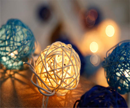 Set of Blue n White 5cm Rattan Cane 20 Ball Battery Powered 3m String Lights Christmas Gift Home Wedding Party Bedroom Decoration Table Centrepiece