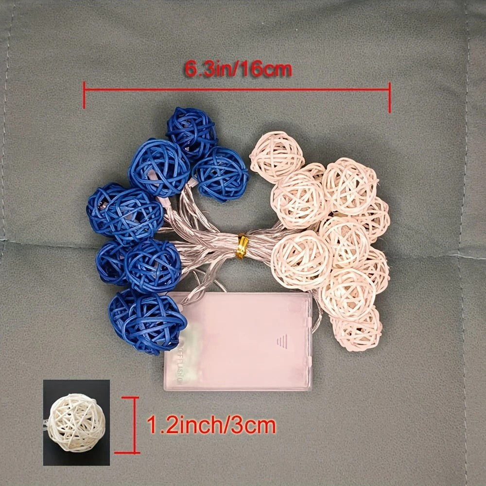 Set of Blue n White 5cm Rattan Cane 20 Ball Battery Powered 3m String Lights Christmas Gift Home Wedding Party Bedroom Decoration Table Centrepiece