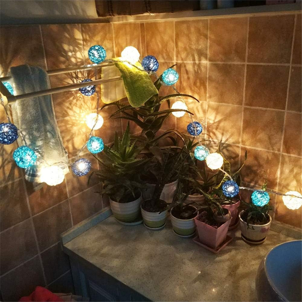 Set of Blue n White 5cm Rattan Cane 50 Ball Battery Powered LONG 5m String Lights Christmas Gift Home Wedding Party Bedroom Decoration Table Centrepiece