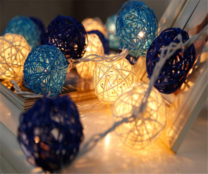 Set of Blue n White 5cm Rattan Cane 50 Ball Battery Powered LONG 5m String Lights Christmas Gift Home Wedding Party Bedroom Decoration Table Centrepiece