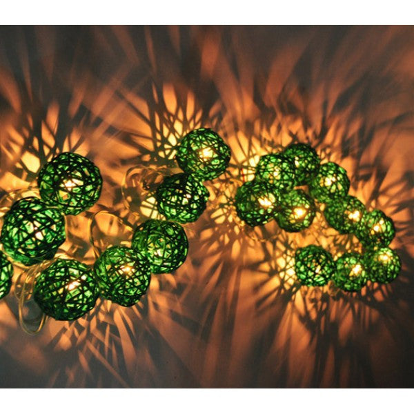 Set of Green 5cm Rattan Cane 20 Ball Battery Powered 3m String Lights Christmas Gift Home Wedding Party Bedroom Decoration Table Centrepiece