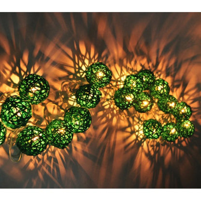 Set of Green 5cm Rattan Cane 50 Ball Battery Powered LONG 5m String Lights Christmas Gift Home Wedding Party Bedroom Decoration Table Centrepiece