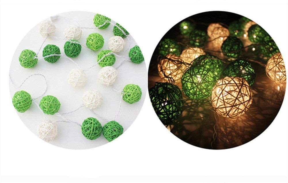 Set of Green n White 5cm Rattan Cane 20 Ball Battery Powered 3m String Lights Christmas Gift Home Wedding Party Bedroom Decoration Table Centrepiece