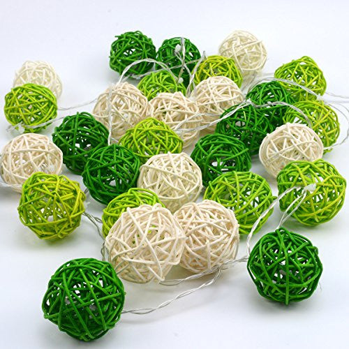 Set of Green n White 5cm Rattan Cane 50 Ball Battery Powered LONG 5m String Lights Christmas Gift Home Wedding Party Bedroom Decoration Table Centrepiece