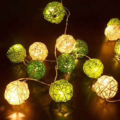 Set of Green n White 5cm Rattan Cane 50 Ball Battery Powered LONG 5m String Lights Christmas Gift Home Wedding Party Bedroom Decoration Table Centrepiece