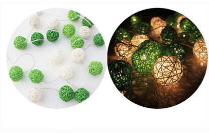Set of Green n White 5cm Rattan Cane 50 Ball Battery Powered LONG 5m String Lights Christmas Gift Home Wedding Party Bedroom Decoration Table Centrepiece