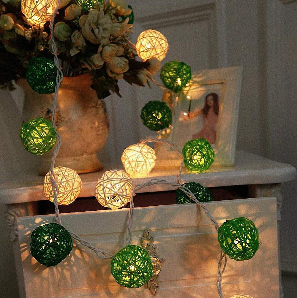 Set of Green n White 5cm Rattan Cane 50 Ball Battery Powered LONG 5m String Lights Christmas Gift Home Wedding Party Bedroom Decoration Table Centrepiece