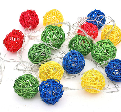 Set of Multi Coloured 5cm Rattan Cane 20 Ball Battery Powered 3m String Lights Christmas Gift Home Wedding Party Bedroom Decoration Table Centrepiece