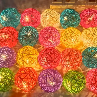 Set of Multi Coloured 5cm Rattan Cane 20 Ball Battery Powered 3m String Lights Christmas Gift Home Wedding Party Bedroom Decoration Table Centrepiece