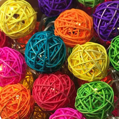 Set of Multi Coloured 5cm Rattan Cane 50 Ball Battery Powered LONG 5m String Lights Christmas Gift Home Wedding Party Bedroom Decoration Table Centrepiece