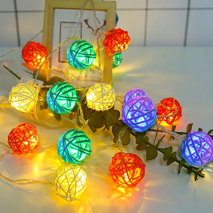 Set of Multi Coloured 5cm Rattan Cane 50 Ball Battery Powered LONG 5m String Lights Christmas Gift Home Wedding Party Bedroom Decoration Table Centrepiece