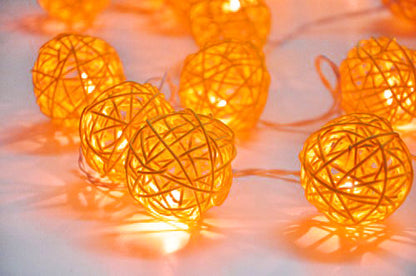 Set of Orange 5cm Rattan Cane 50 Ball Battery Powered LONG 5m String Lights Christmas Gift Home Wedding Party Bedroom Decoration Table Centrepiece