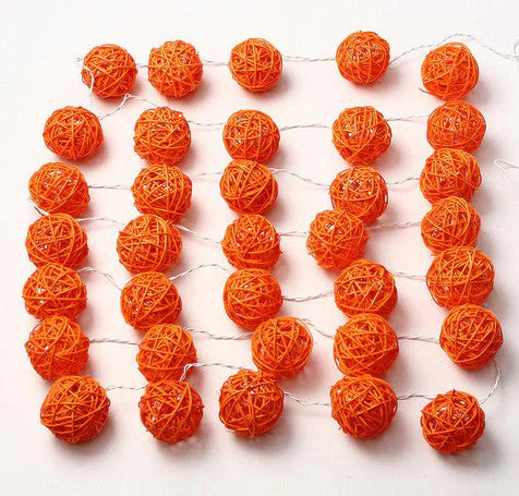 Set of Orange 5cm Rattan Cane 50 Ball Battery Powered LONG 5m String Lights Christmas Gift Home Wedding Party Bedroom Decoration Table Centrepiece