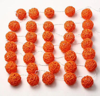 Set of Orange 5cm Rattan Cane 50 Ball Battery Powered LONG 5m String Lights Christmas Gift Home Wedding Party Bedroom Decoration Table Centrepiece