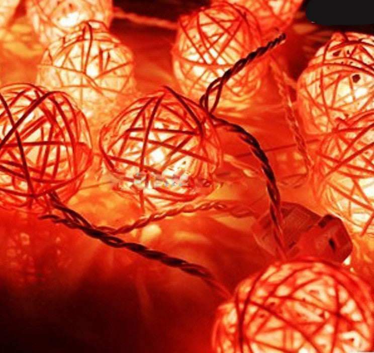 Set of Orange 5cm Rattan Cane 50 Ball Battery Powered LONG 5m String Lights Christmas Gift Home Wedding Party Bedroom Decoration Table Centrepiece
