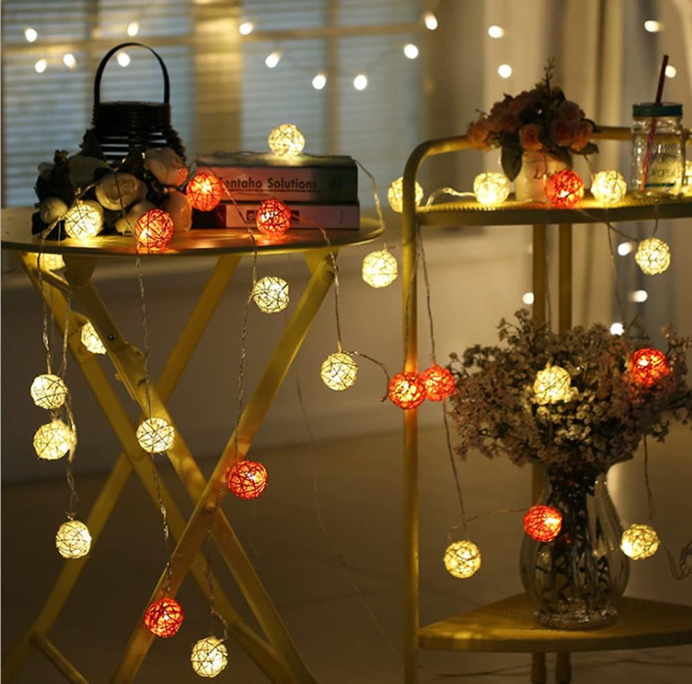 Set of Orange n White 5cm Rattan Cane 20 Ball Battery Powered 3m String Lights Christmas Gift Home Wedding Party Bedroom Decoration Table Centrepiece