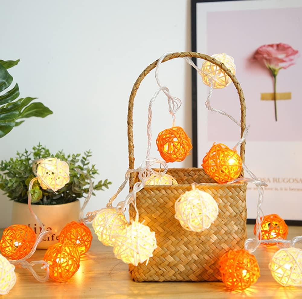 Set of Orange n White 5cm Rattan Cane 20 Ball Battery Powered 3m String Lights Christmas Gift Home Wedding Party Bedroom Decoration Table Centrepiece