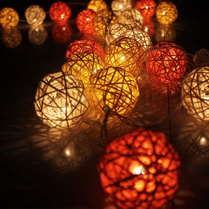 Set of Orange n White 5cm Rattan Cane 20 Ball Battery Powered 3m String Lights Christmas Gift Home Wedding Party Bedroom Decoration Table Centrepiece