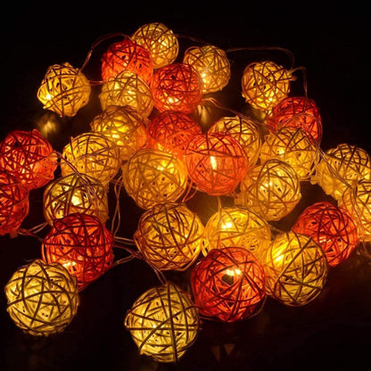 Set of Orange n White 5cm Rattan Cane 20 Ball Battery Powered 3m String Lights Christmas Gift Home Wedding Party Bedroom Decoration Table Centrepiece