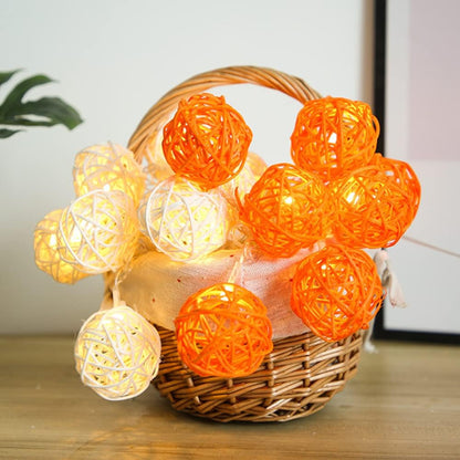 Set of Orange n White 5cm Rattan Cane 50 Ball Battery Powered LONG 5m String Lights Christmas Gift Home Wedding Party Bedroom Decoration Table Centrepiece