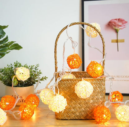 Set of Orange n White 5cm Rattan Cane 50 Ball Battery Powered LONG 5m String Lights Christmas Gift Home Wedding Party Bedroom Decoration Table Centrepiece