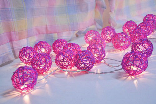 Set of Pink 5cm Rattan Cane 20 Ball Battery Powered 3m String Lights Christmas Gift Home Wedding Party Bedroom Decoration Table Centrepiece