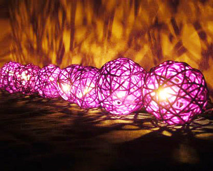 Set of Pink 5cm Rattan Cane 50 Ball Battery Powered LONG 5m String Lights Christmas Gift Home Wedding Party Bedroom Decoration Table Centrepiece