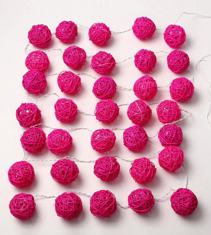 Set of Pink 5cm Rattan Cane 50 Ball Battery Powered LONG 5m String Lights Christmas Gift Home Wedding Party Bedroom Decoration Table Centrepiece