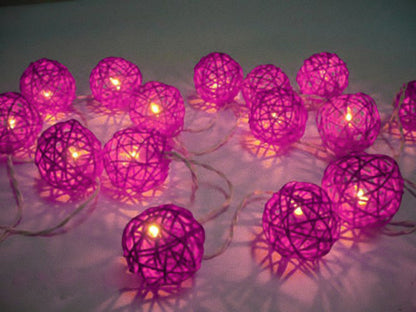 Set of Pink 5cm Rattan Cane 50 Ball Battery Powered LONG 5m String Lights Christmas Gift Home Wedding Party Bedroom Decoration Table Centrepiece