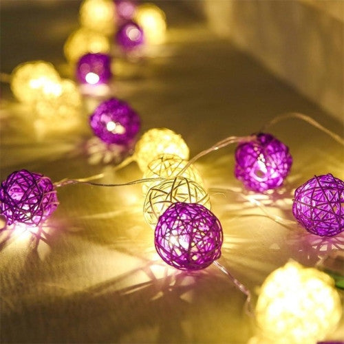 Set of Purple n White 5cm Rattan Cane 20 Ball Battery Powered 3m String Lights Christmas Gift Home Wedding Party Bedroom Decoration Table Centrepiece