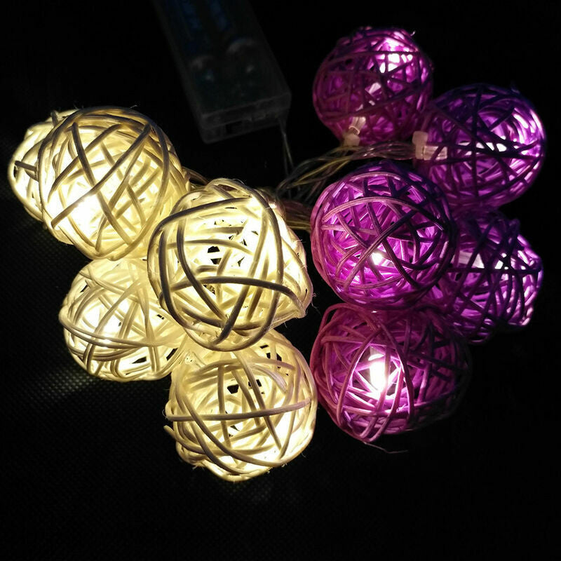 Set of Purple n White 5cm Rattan Cane 20 Ball Battery Powered 3m String Lights Christmas Gift Home Wedding Party Bedroom Decoration Table Centrepiece