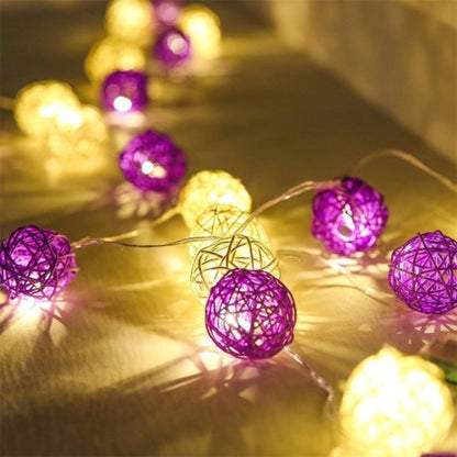 Set of Purple n White 5cm Rattan Cane 50 Ball Battery Powered LONG 5m String Lights Christmas Gift Home Wedding Party Bedroom Decoration Table Centrepiece
