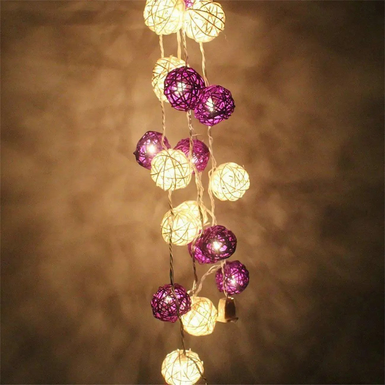 Set of Purple n White 5cm Rattan Cane 50 Ball Battery Powered LONG 5m String Lights Christmas Gift Home Wedding Party Bedroom Decoration Table Centrepiece