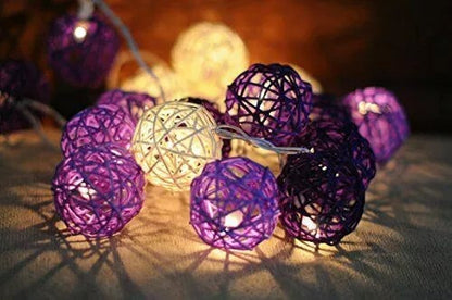 Set of Purple n White 5cm Rattan Cane 50 Ball Battery Powered LONG 5m String Lights Christmas Gift Home Wedding Party Bedroom Decoration Table Centrepiece