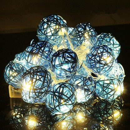 Set of Turquoise Blue 5cm Rattan Cane 50 Ball Battery Powered LONG 5m String Lights Christmas Gift Home Wedding Party Bedroom Decoration Table Centrepiece