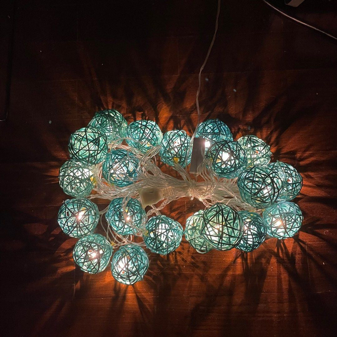 Set of Turquoise Blue 5cm Rattan Cane 50 Ball Battery Powered LONG 5m String Lights Christmas Gift Home Wedding Party Bedroom Decoration Table Centrepiece