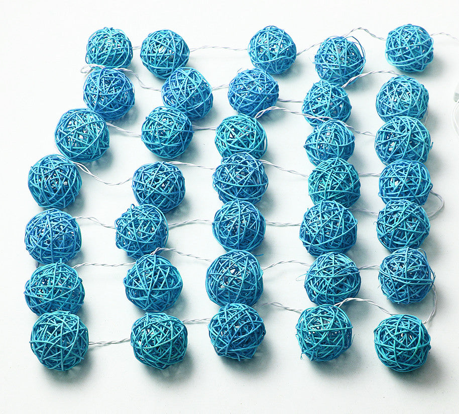 Set of Turquoise Blue 5cm Rattan Cane 50 Ball Battery Powered LONG 5m String Lights Christmas Gift Home Wedding Party Bedroom Decoration Table Centrepiece