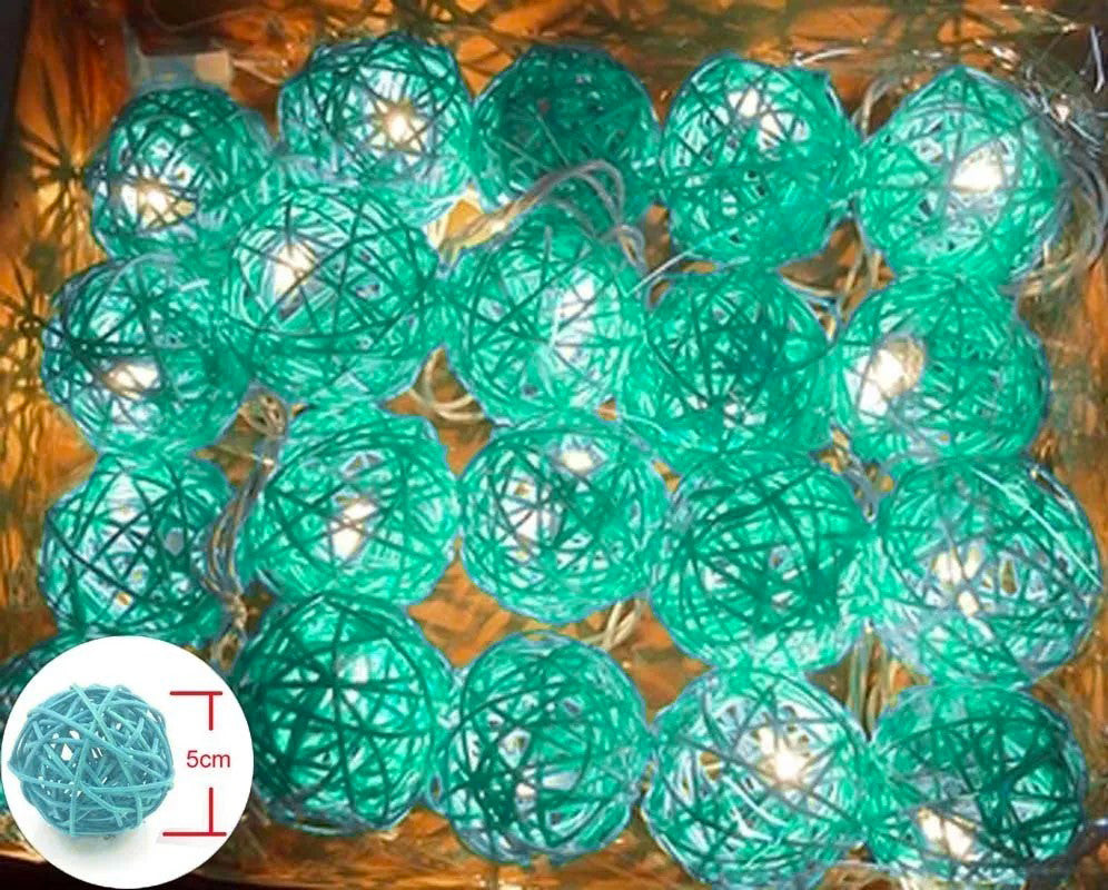 Set of Turquoise Blue 5cm Rattan Cane 50 Ball Battery Powered LONG 5m String Lights Christmas Gift Home Wedding Party Bedroom Decoration Table Centrepiece