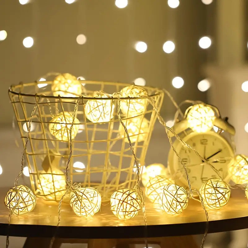 Set of Yellow 5cm Rattan Cane 50 Ball Battery Power LONG 5m String Lights Christmas Gift Home Wedding Party Bedroom Decoration Table Centrepiece