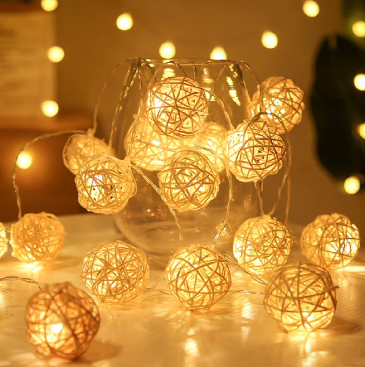 Set of Yellow 5cm Rattan Cane 50 Ball Battery Power LONG 5m String Lights Christmas Gift Home Wedding Party Bedroom Decoration Table Centrepiece