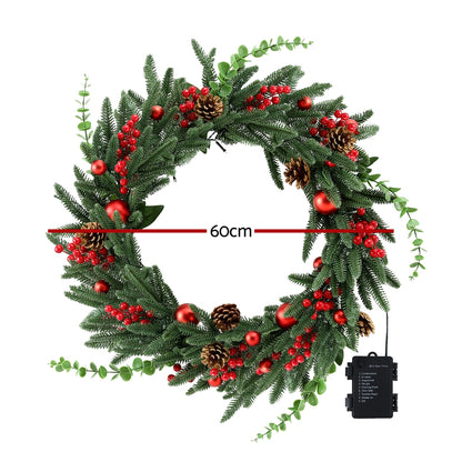 Jingle Jollys Christmas Wreath 60CM LED Garland Berries Pine Cones Party Decor